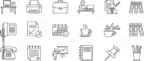 Comprehensive office business vector icon set featuring desk workspace printer briefcase calendar phone and administrative supplies in line art