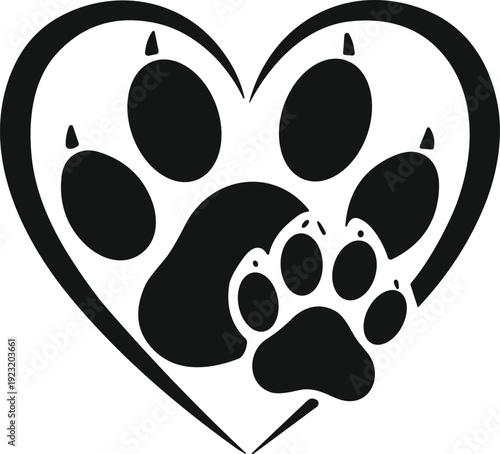 Heart outline with animal paw prints vector illustration, pet love symbol design for care, rescue, veterinary services, companionship icon