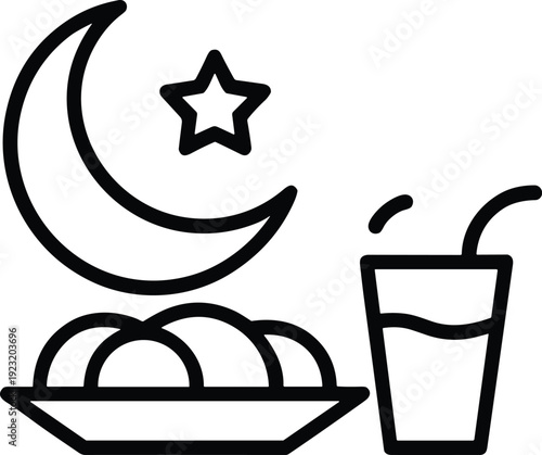 Outline Ramadan iftar icon, crescent moon star dates plate and drink glass simple Islamic fasting food line vector