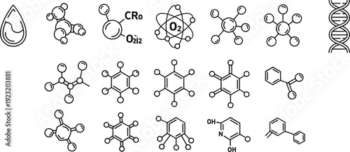 Scientific chemistry vector icon set featuring molecular structures, DNA double helix, oxygen atoms, and chemical bonding line art