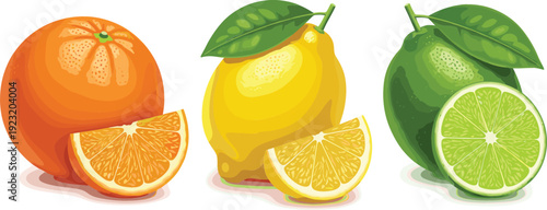 Fresh citrus fruit vector set featuring realistic orange, lemon, and lime with slices and green leaves on white background