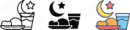 Ramadan iftar food icon variations, outline solid and colored crescent moon star dates plate drink Islamic vector illustration