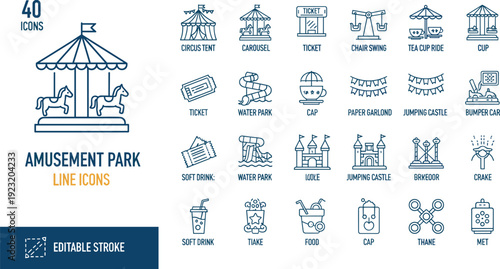 Set of 40 editable amusement park line icons covering theme park rides carnival games and event concessions