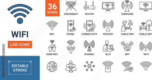 Set of 36 editable WiFi line icons covering wireless signal strength network hardware and public hotspot concepts