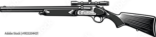Detailed hunting rifle illustration with mounted scope, precision firearm vector art for outdoor sports, shooting, hunting, weapon design content