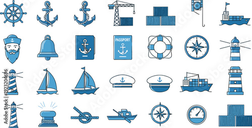Comprehensive blue nautical icon set featuring anchors lighthouses cargo ships sailor captain passport and maritime sailing equipment vector illustration