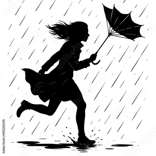 Woman Running in Storm with Broken Umbrella, Black Silhouette