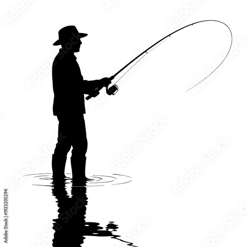 Fisherman Casting Rod in River, Black Silhouette