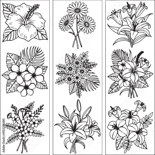 set of black and white flowers