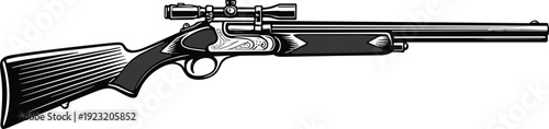 Detailed hunting rifle silhouette with mounted scope, firearm vector illustration for outdoor sports, shooting, hunting, weapon design content