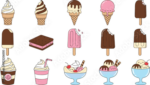Large collection of colorful ice cream cones popsicles sundaes and frozen yogurt treats flat vector illustration isolated on white background