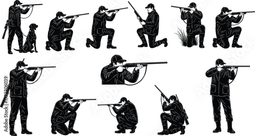 Collection of hunter silhouettes in various shooting and aiming positions, bold vector illustration symbolizing hunting, outdoors, sport, design content