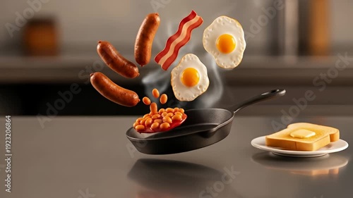Food floats above a pan. Sausages, bacon, eggs, beans, and toast appear to be levitating