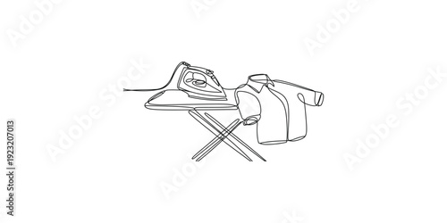 A black and white line art illustration showing an ironing board, an iron, and a shirt, representing household chores