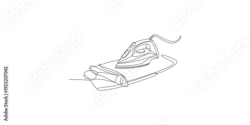 A simple line art illustration depicting an electric iron on top of a folded piece of cloth