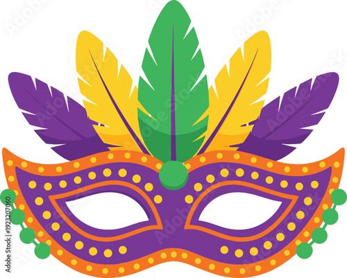 Vibrant Mardi Gras carnival mask with colorful feathers and gold beads traditional festive masquerade vector illustration isolated on white background