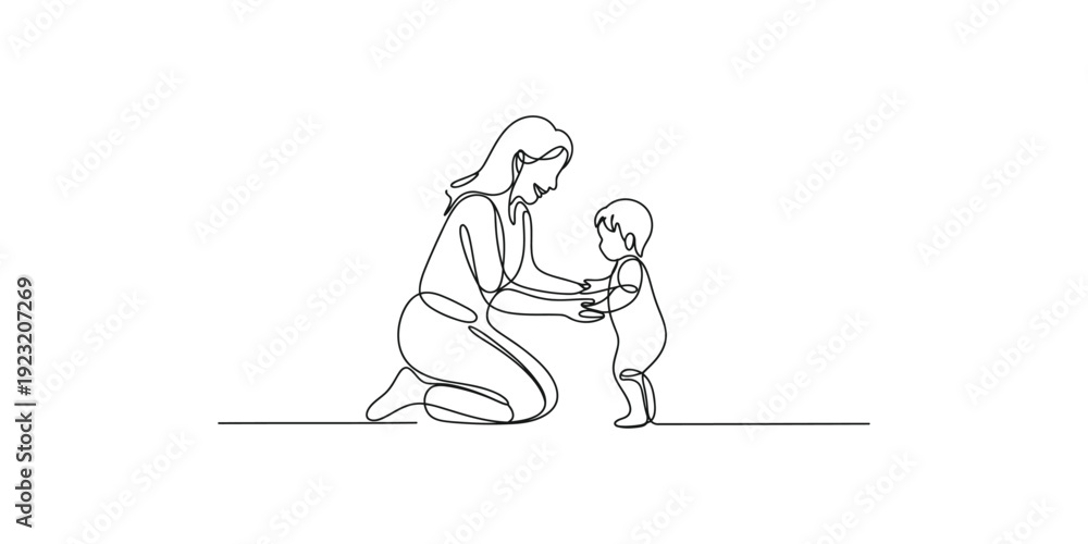 Fototapeta premium A continuous line art illustration showing a mother helping her baby learn to take their first steps.