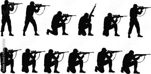 Black silhouettes of armed men in tactical shooting stances, military training poses, combat positions, firearm practice, defense illustration