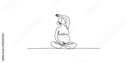 Pregnant woman sitting cross-legged and stretching, minimalist line art illustration