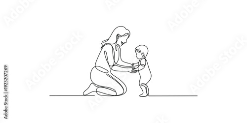 A continuous line art illustration showing a mother helping her baby learn to take their first steps.