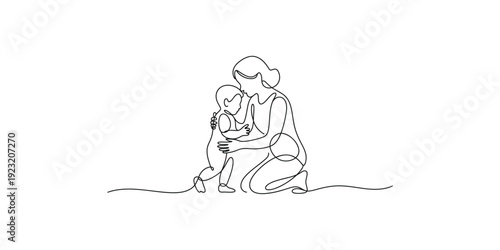 Continuous line art drawing of a mother kneeling and hugging her small child, symbolizing love and care.