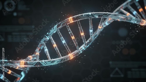 Futuristic glowing DNA strand with digital data in dark background for genetics and biotechnology