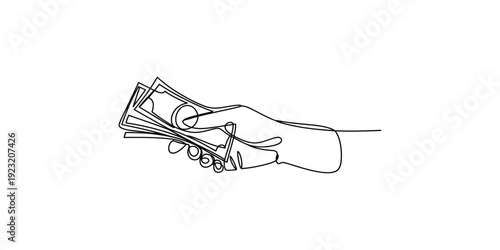 A single line drawing of a hand holding several banknotes, symbolizing payment or financial transaction.