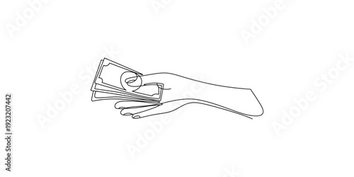 A black and white line drawing illustration showing a hand holding a stack of paper money or banknotes