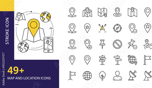Set of 49+ editable map and location icons for navigation systems global positioning and geography tracking
