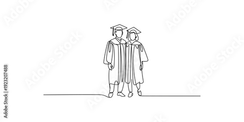 Continuous line art of two graduates standing together to celebrate their academic achievement