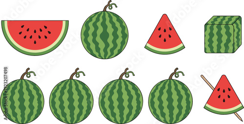 Fresh watermelon fruit collection featuring whole melons slices and unique square watermelon design flat vector illustration isolated on white background