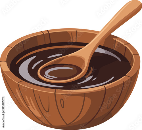 Wooden bowl with spoon sugarcane molasses food vector on white background.