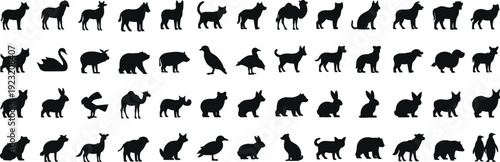 Grid of sixty animal silhouettes arranged in rows, minimalist vector illustration for wildlife design, farm livestock, pets, and nature graphic art