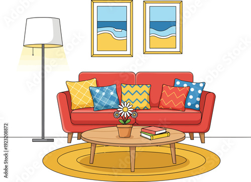Colorful cartoon living room illustration with a red sofa patterned pillows a round coffee table and a floor lamp.