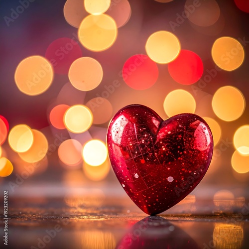 A shiny red heart glistens amidst a vibrant bokeh background