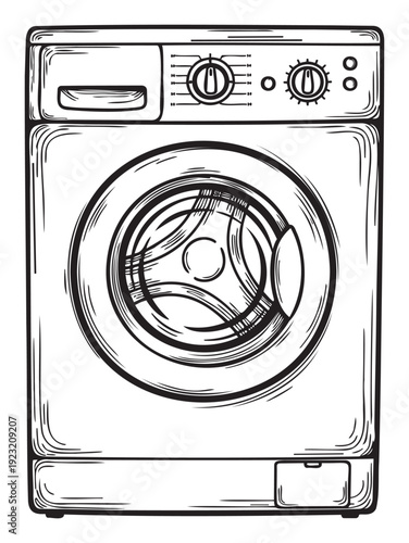 Precise handdrawn sketch of a frontloading washing machine, perfect for home appliance guides, laundry service promotions, or vintage household catalogs.