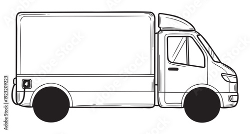 Monochrome outline drawing of a contemporary electric delivery van with a large cargo box, perfect for illustrating urban logistics, transportation, and sustainable mobility concepts.