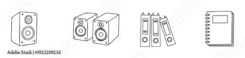 Professional audio speakers, essential office binders, and a practical spiral notebook depicted in a simple line drawing, suitable for various graphic communication projects and educational