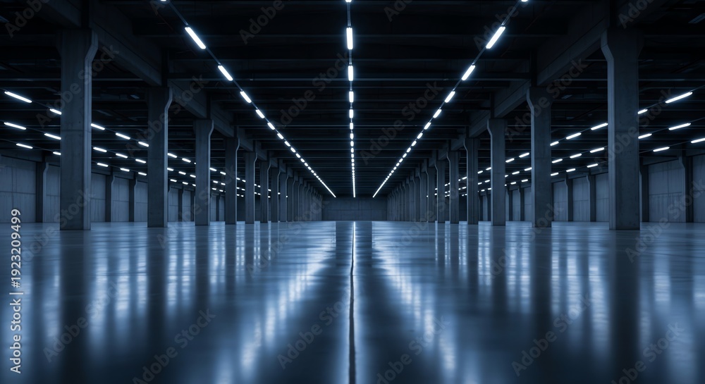 Obraz premium Large empty warehouse interior with lighting