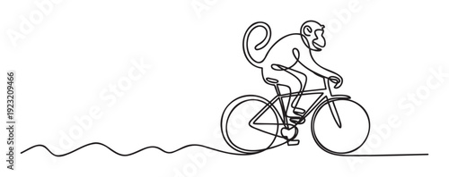 Minimalist single line drawing of a playful monkey riding a bicycle, perfect for modern graphic compositions, childrens learning materials, or active lifestyle promotions.