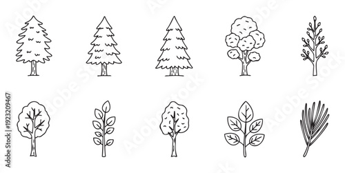 A versatile collection of hand drawn tree and plant outlines, perfect for educational resources, nature themed graphic projects, and engaging childrens book illustrations