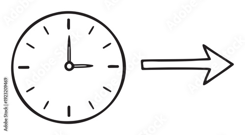 Clear hand drawn clock face indicating three oclock with a thick right pointing arrow, perfect for showing time movement or future events in presentations, apps, and digital platforms