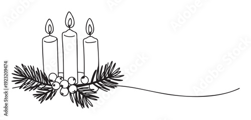 Elegant line drawing of three burning candles nestled in a festive evergreen wreath with berries, perfect for holiday greetings, Christmas event invitations, or winter season marketing