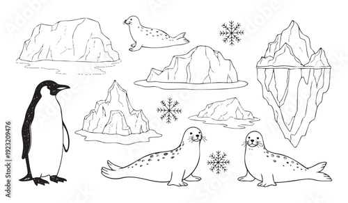 Polar animals and ice formations with snowflakes outline collection perfect for educational materials children books or winter themed marketing campaigns.