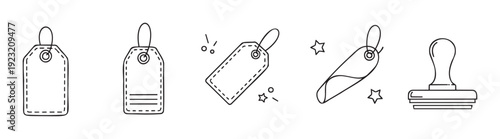 Variety of line art icons depicting product labels, discount tags, and a business stamp, ideal for marketing campaigns, online stores, and commercial branding projects.