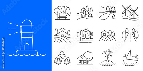 Collection of minimalist line art icons representing nature, landmarks, and rural life