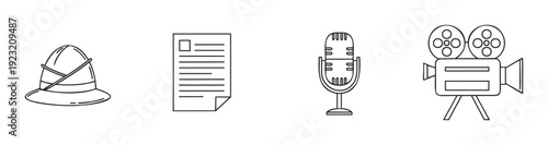 Explore adventures, documentation, audio recording, and filmmaking with these classic line icons, perfect for media, travel, history, or productionrelated graphic projects.