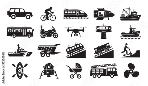 Icons of various transportation and mobility modes including land, air, and sea vehicles, perfect for use in logistics presentations, travel applications, and educational content.