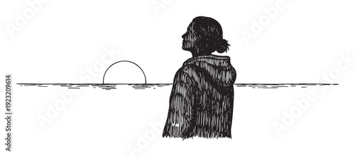 Solitary figure gazing at the tranquil horizon during a peaceful sunset over the ocean, ideal for themes of introspection, hope, and new beginnings