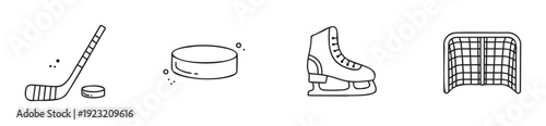Essential ice hockey and skating sports equipment symbols presented as a clean outline graphic, perfect for game interfaces, athletic marketing, or seasonal activity guides.